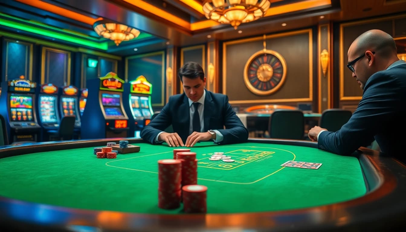 Twin68 offers an exciting poker experience with professional players engaged at a luxurious casino table.