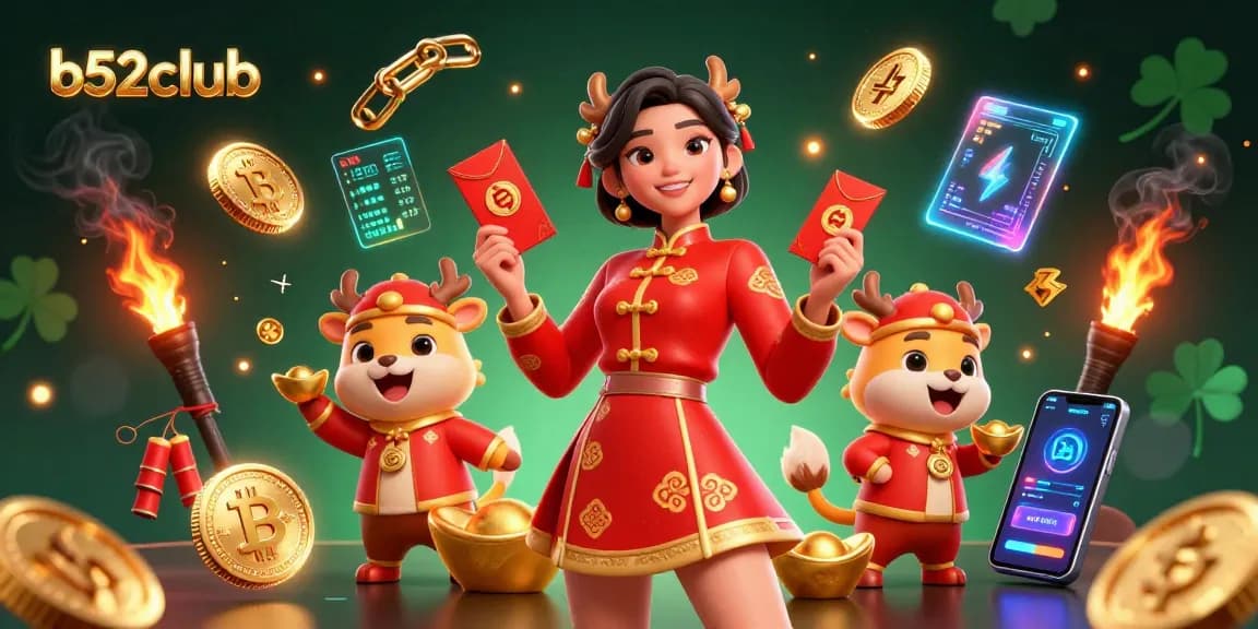B52Club showcases vibrant casino energy with a beautifully illustrated Asian woman and crypto elements embodying excitement.