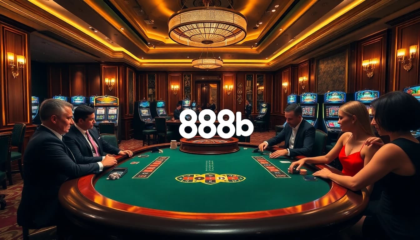 Experience the thrill of 888b with a vibrant casino scene showcasing poker and roulette.