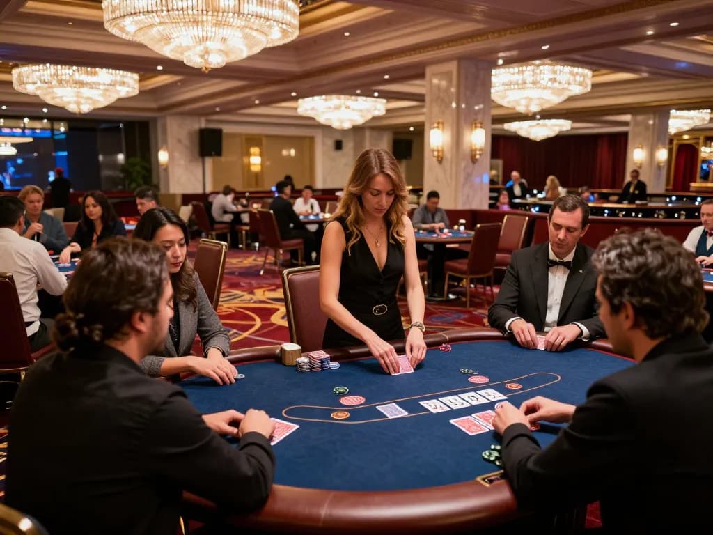 Players strategizing at poker tables in a vibrant 68WIN casino, showcasing dynamic gameplay.