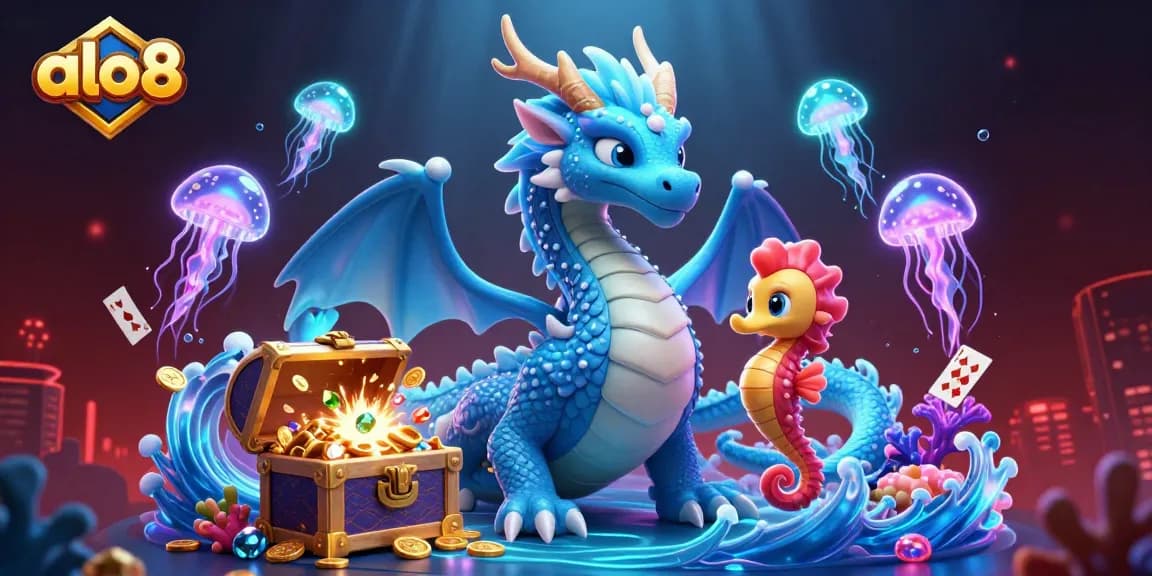 Alo8 gaming excitement with an azure water dragon, seahorse knight, and glowing jellyfish in a vibrant casino illustration.
