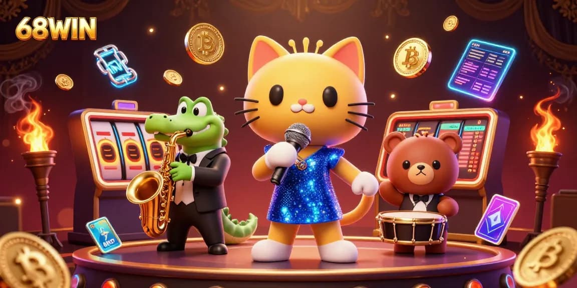 Engage with 68WIN's vibrant casino atmosphere featuring lively characters and diverse gameplay.