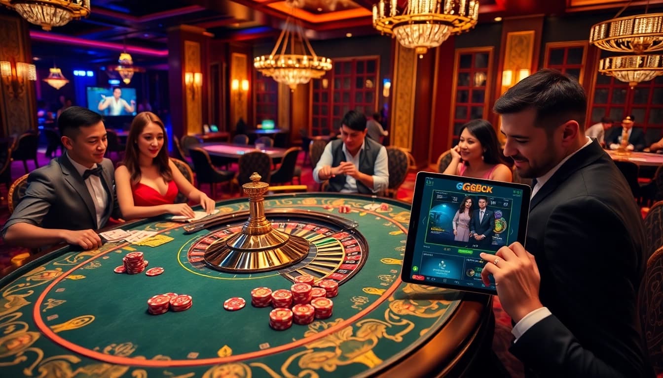 GG88 gaming table filled with vibrant poker chips and cards in a luxurious casino setting.