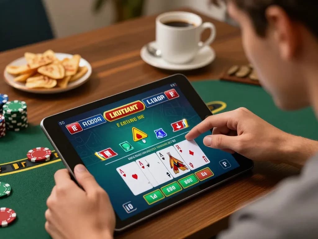 Engaging in a strategic debet blackjack game on a tablet, showcasing intense focus and immersive play.