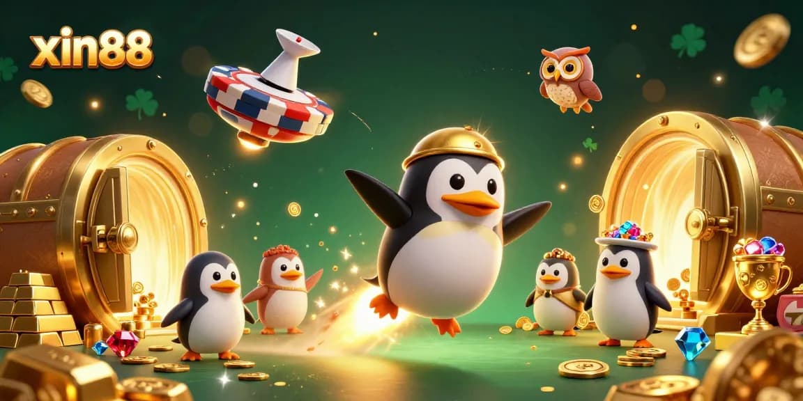 Engage with xin88 as a golden penguin accelerates to a casino space station amidst treasure.