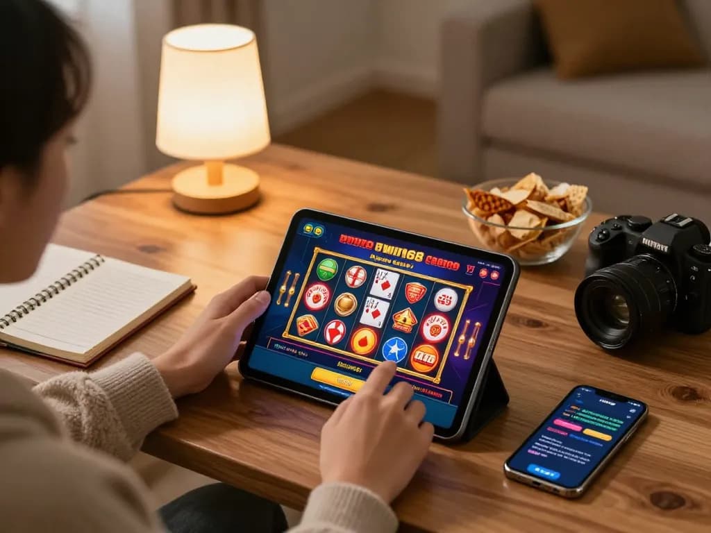 Engaging with the win68 casino app on a tablet in a cozy home setting.