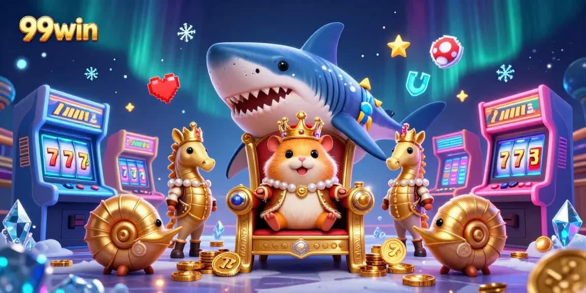 Engage with the vibrant 99win casino scene featuring a golden hamster king and colorful gaming elements.