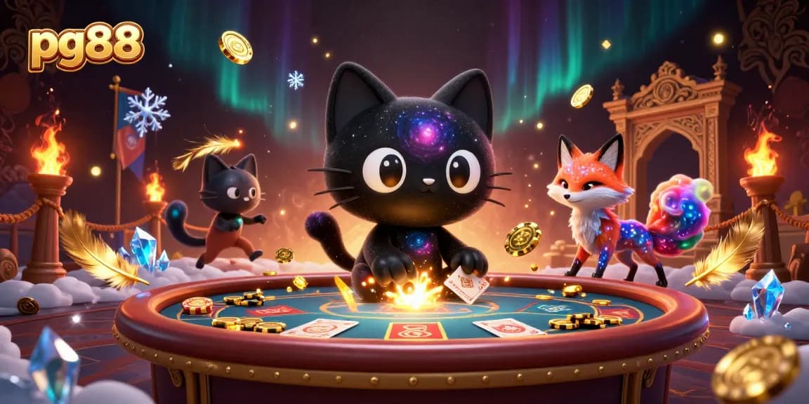 Engage with PG88 at a cosmic casino table, where vibrant characters and gaming elements create a thrilling experience.