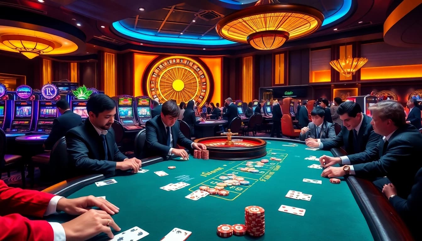 SODO casino players engaged in high-stakes poker action surrounded by slot machines.