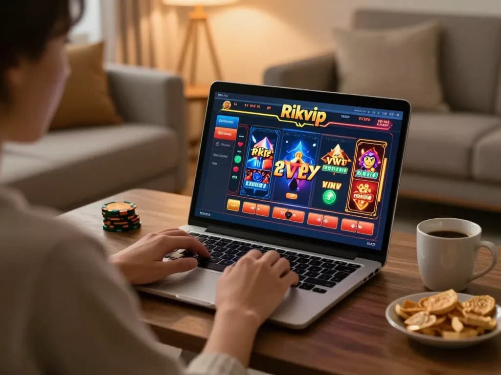 Engaging home online gaming scene with a player enjoying rikvip on a laptop, warm ambiance and inviting decor.