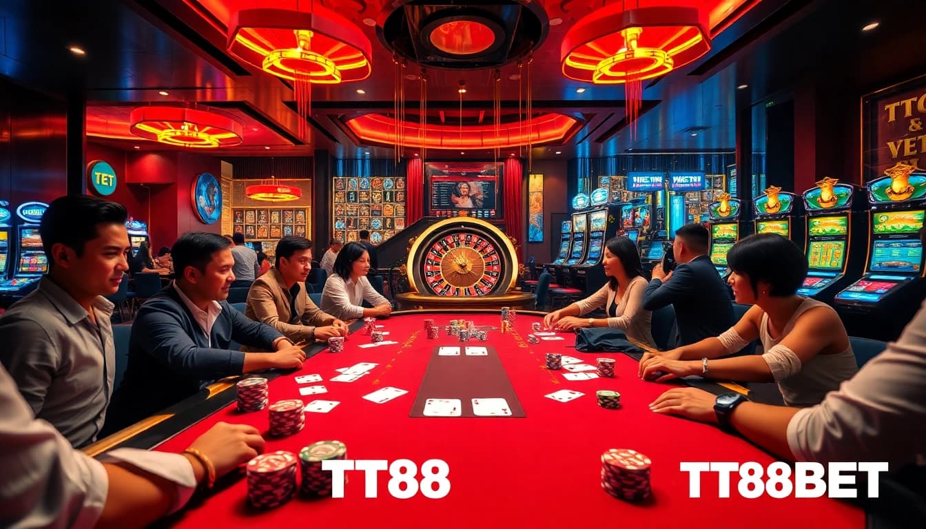Experience excitement at TT88 BET with vibrant casino action featuring poker tables and roulette.