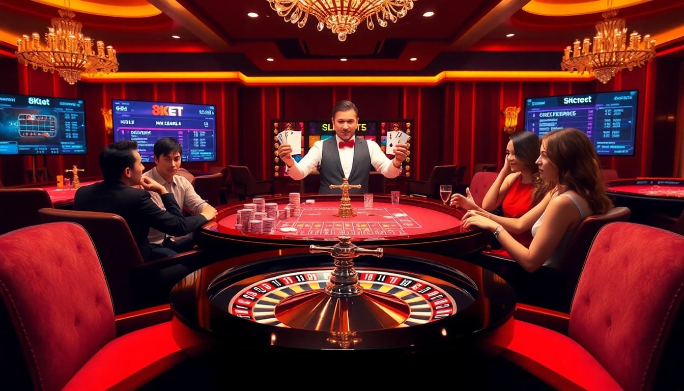 Engaging casino experience at https://8kbet.town/ featuring roulette and excited players.