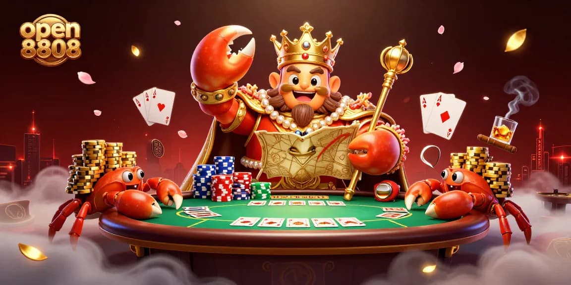 Experience thrilling moments at open8808 with the crab emperor and poker elements in a vibrant casino setting.