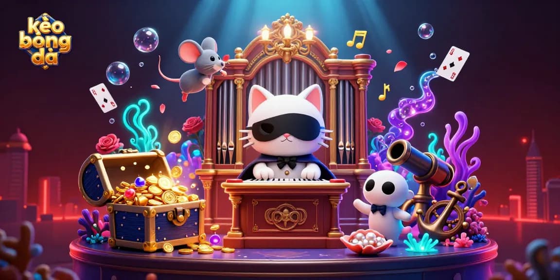 Engage in the excitement of kèo bóng đá with a dynamic scene showcasing a phantom cat, musical elements, and casino treasures.