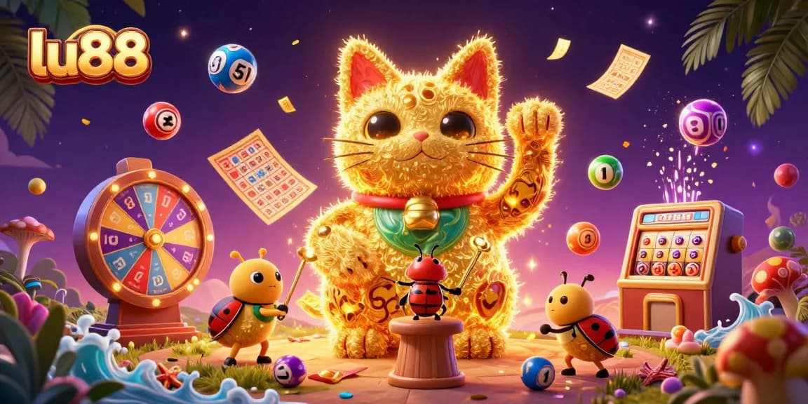 Engage with lu88's vibrant 3D illustration featuring dynamic casino elements and lucky symbols.