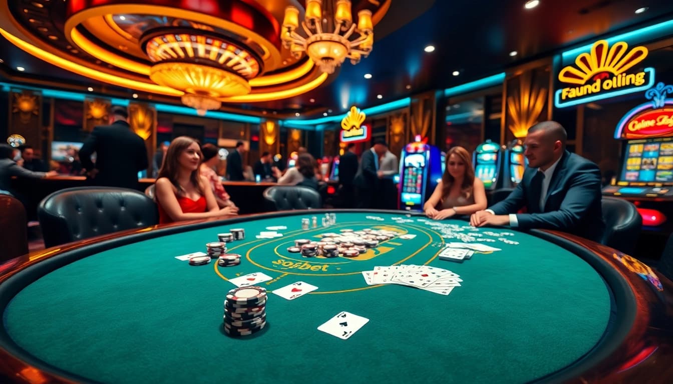 Experience the excitement of soibet in a luxurious casino scene with poker tables and vibrant slot machines.