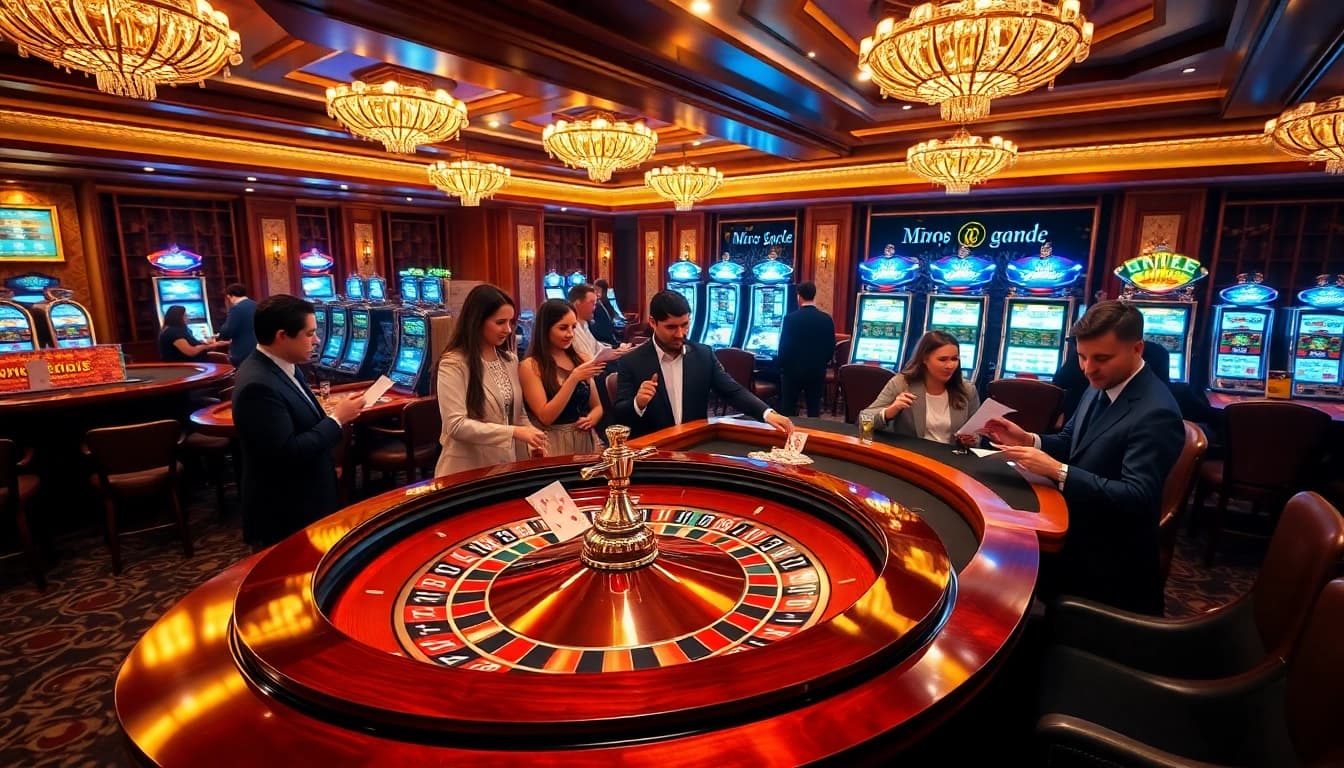 Play MMOO GAME at a luxurious casino, featuring roulette, chips, and eager players.