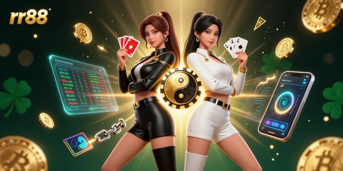 Experience thrilling gaming action with rr88's dynamic portrayal of twin Asian women in a vibrant casino scene.