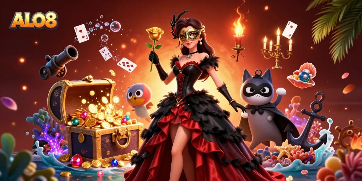 Experience thrilling gaming adventures at ALO8 with our dynamic casino illustration and vibrant characters.
