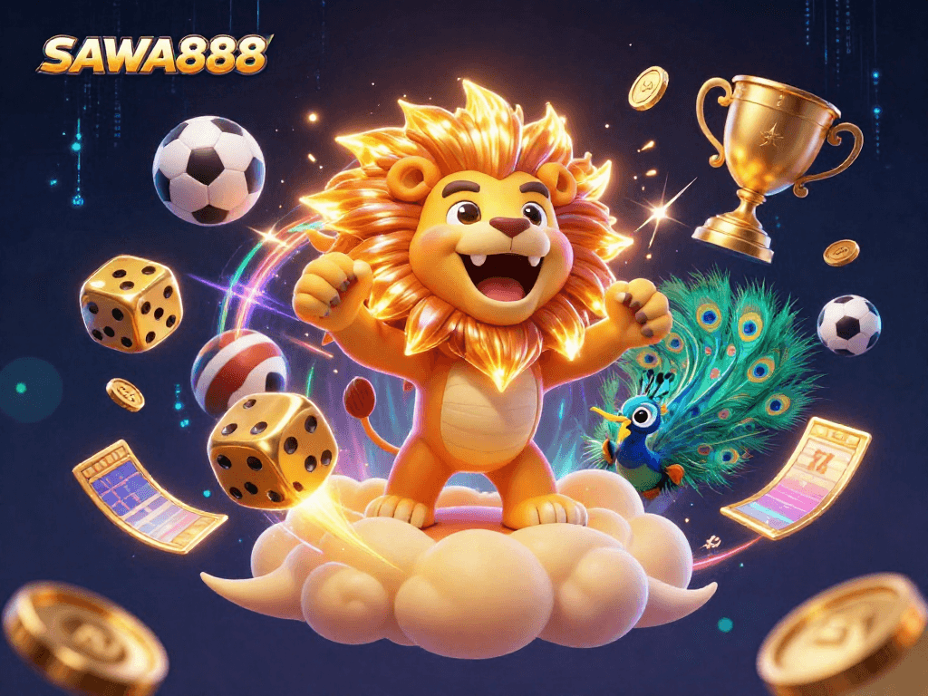 Experience thrilling slots action with SAWA888's vibrant 3D illustration featuring dynamic game elements.