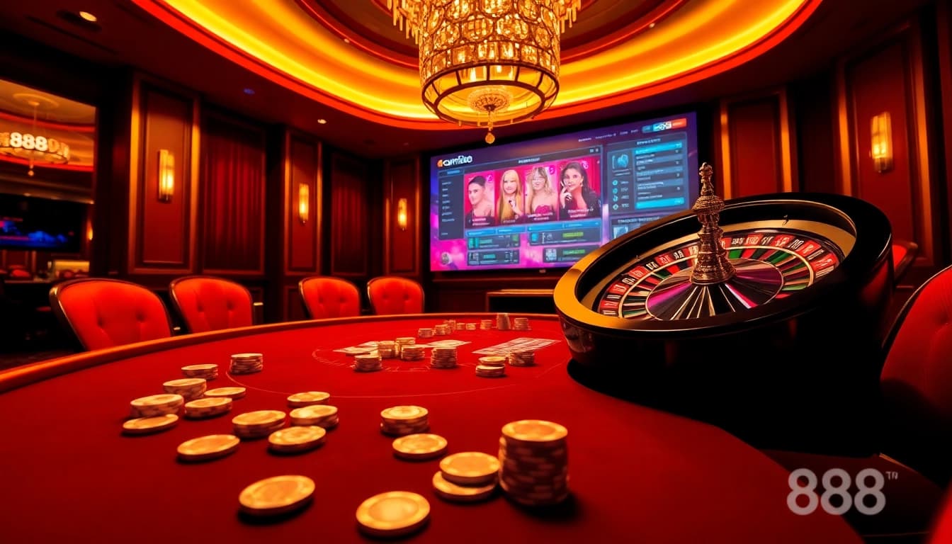 Exciting casino experience showcasing 888b with poker chips, cards, and a roulette wheel.