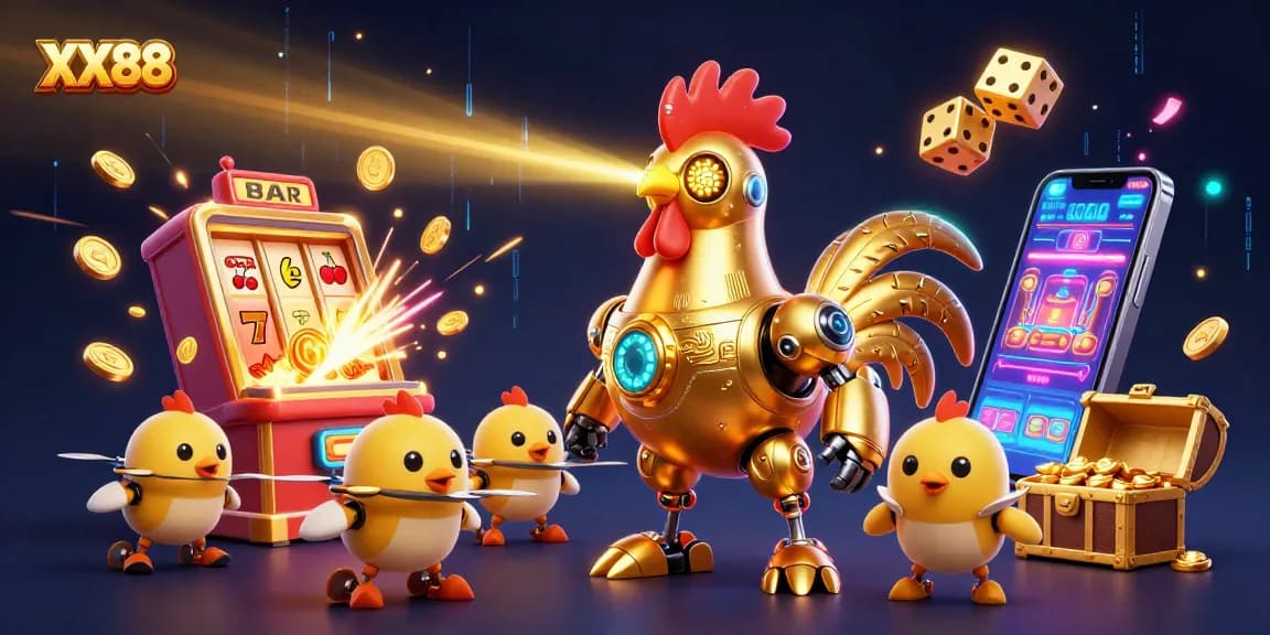Winning big at XX88 with the golden rooster robot and baby chick drones in a vibrant casino scene.