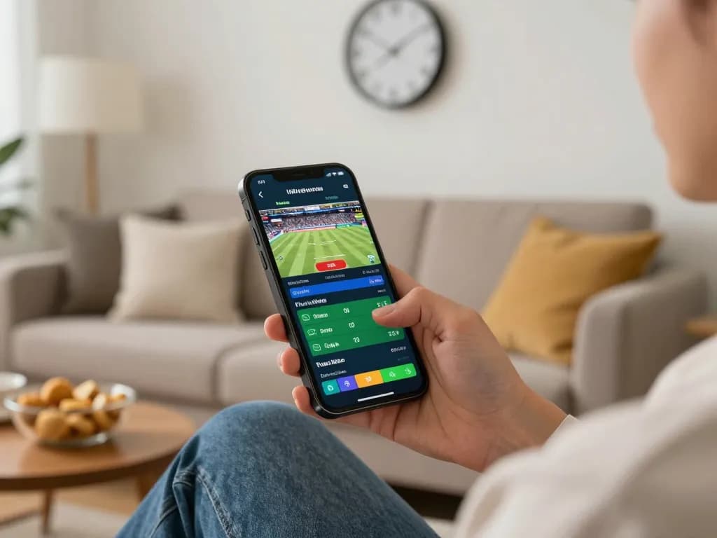Person using betting app for Keo Nha Cai 5 during live sports action at home.