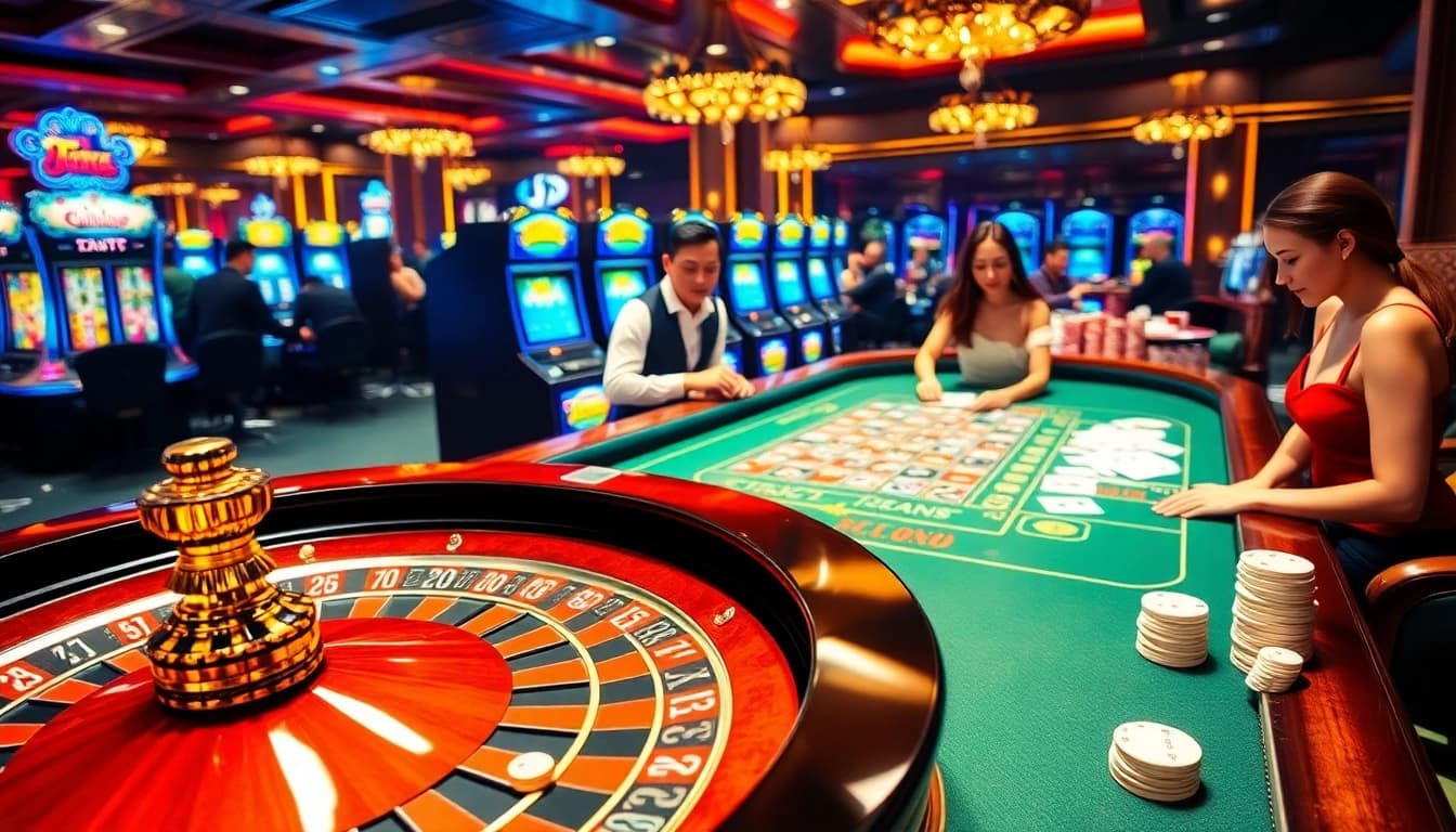 Players enjoying casino games at MM88.COM, featuring roulette, cards, and vibrant slot machines.