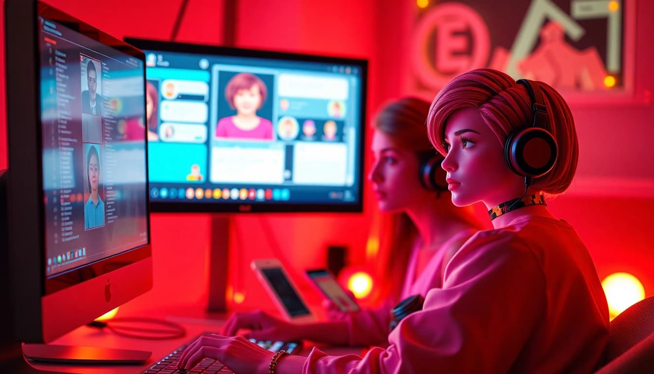 Engaging scene depicting users interacting with NSFW AI platforms, emphasizing digital character chats and immersive experiences.