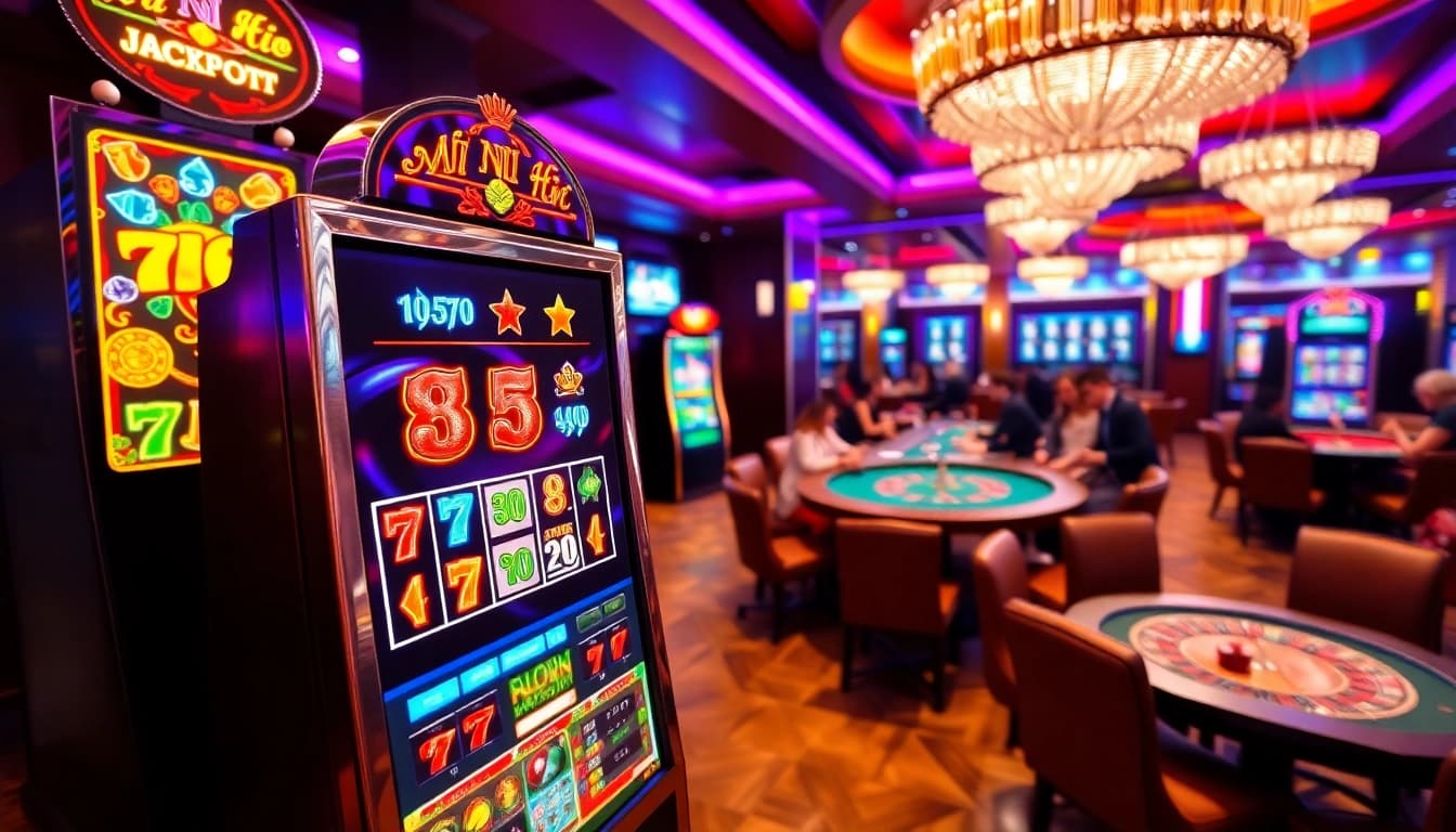 Catch the excitement of nổ hũ with vibrant slot machines in a luxurious casino setting.