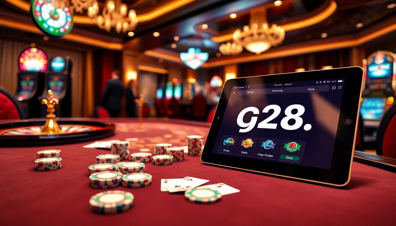 A vibrant casino scene showcasing table games and online gambling interface at https://g28.tech/, capturing the thrill of betting.