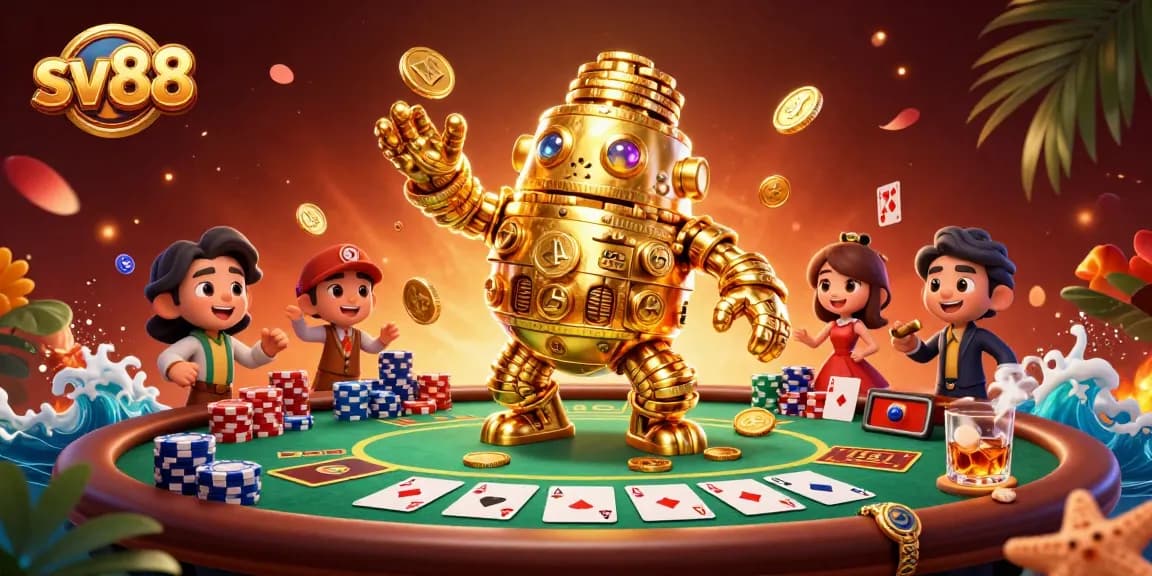 Experience thrilling gameplay at sv88 with a golden golem amidst poker tables and vibrant casino elements.