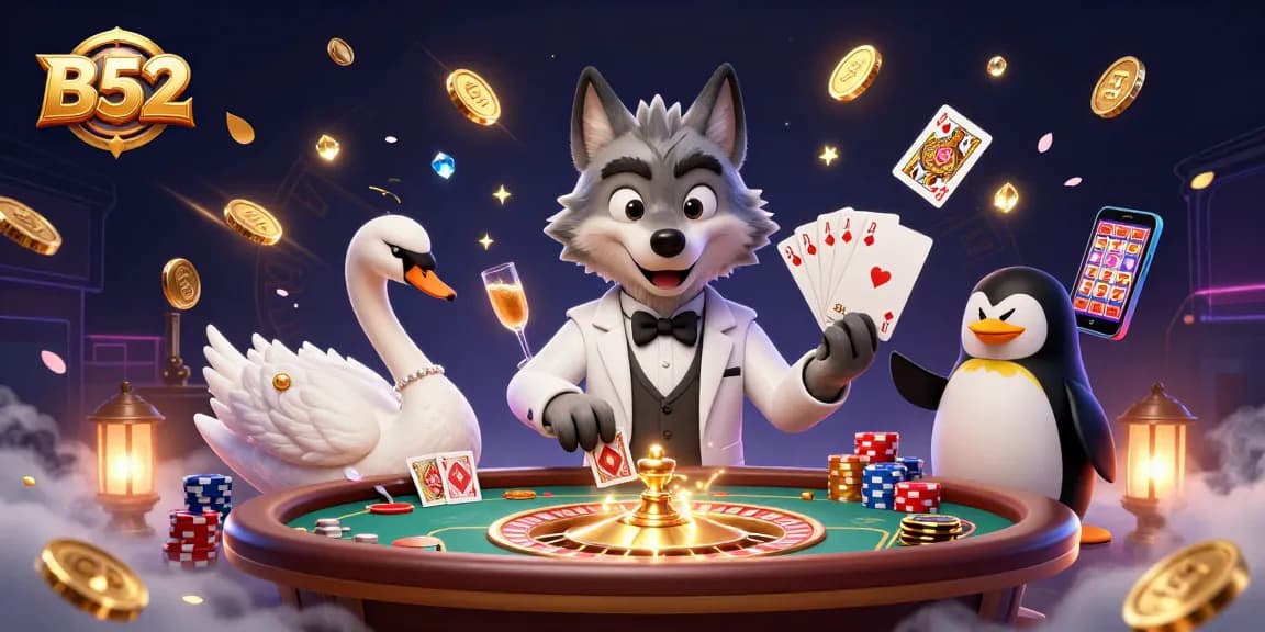 Experience the excitement of B52 gaming with a vibrant 3D illustration of debonair characters at the baccarat table.