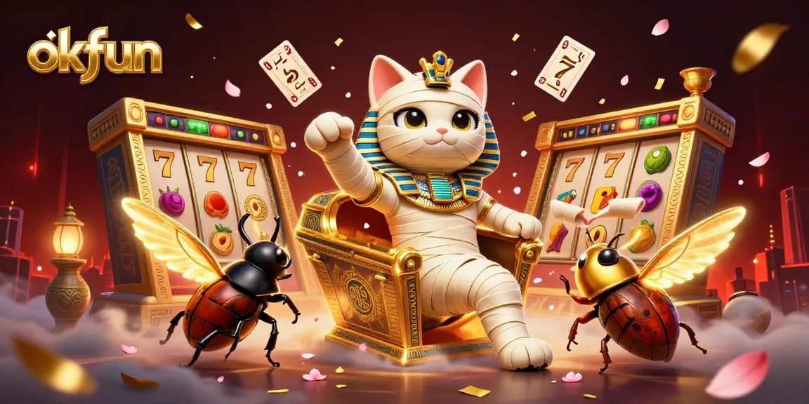 okfun slot gaming scene with a cartoon Egyptian mummy cat and slot reels bursting in a vibrant casino environment