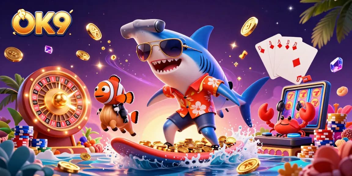 OK9 casino experience with a shark surfing on gold coins and dynamic game elements.