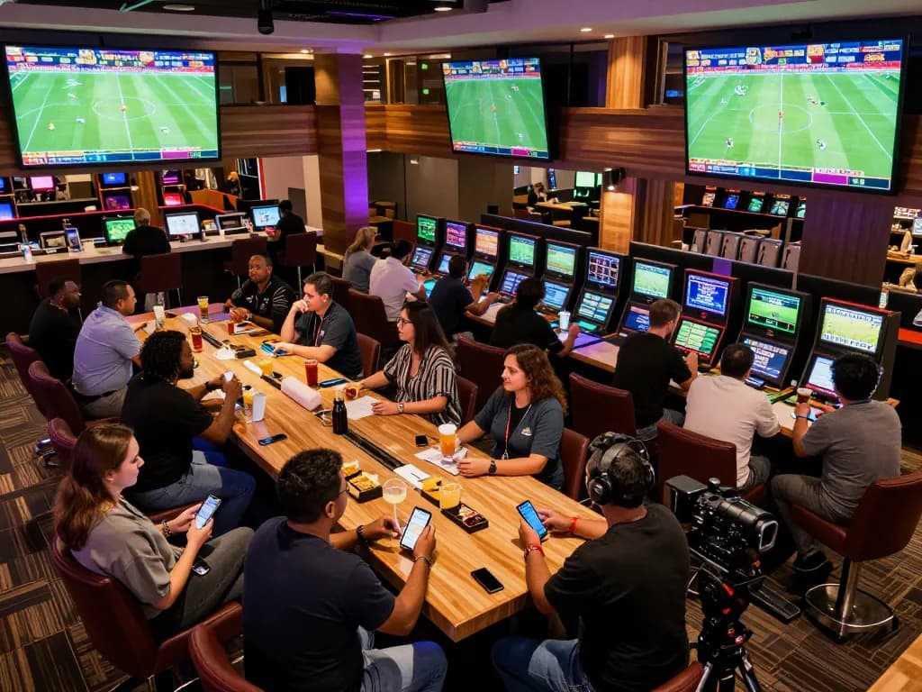 bongdalu users engaged in live sports betting with multiple screens showcasing updates and results, creating an immersive atmosphere