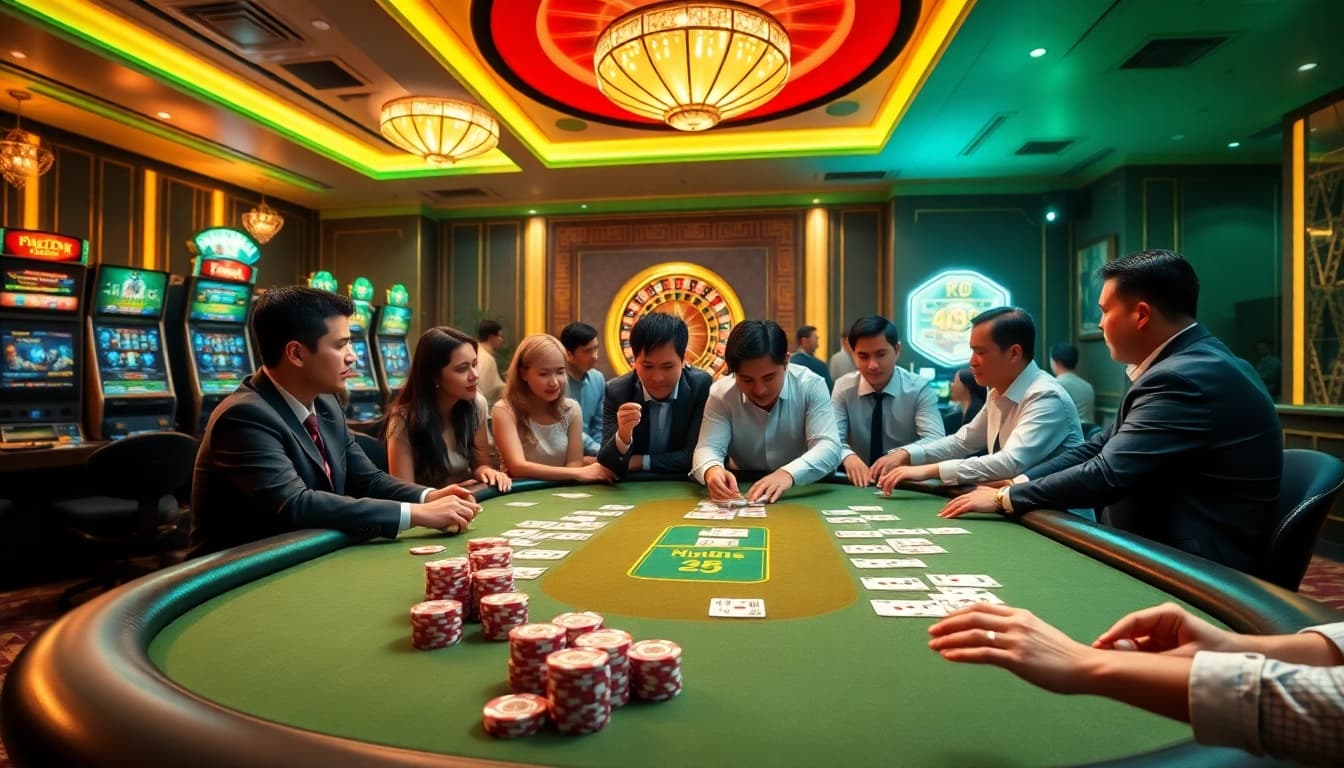 Experience the thrill of nk88 win at a vibrant casino with poker tables and engaged players.