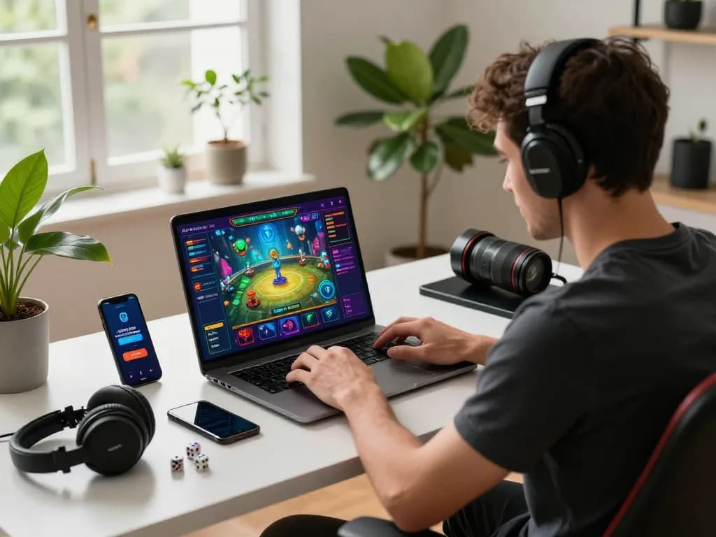 Player enjoying bomwin online gaming experience in a stylish home office.