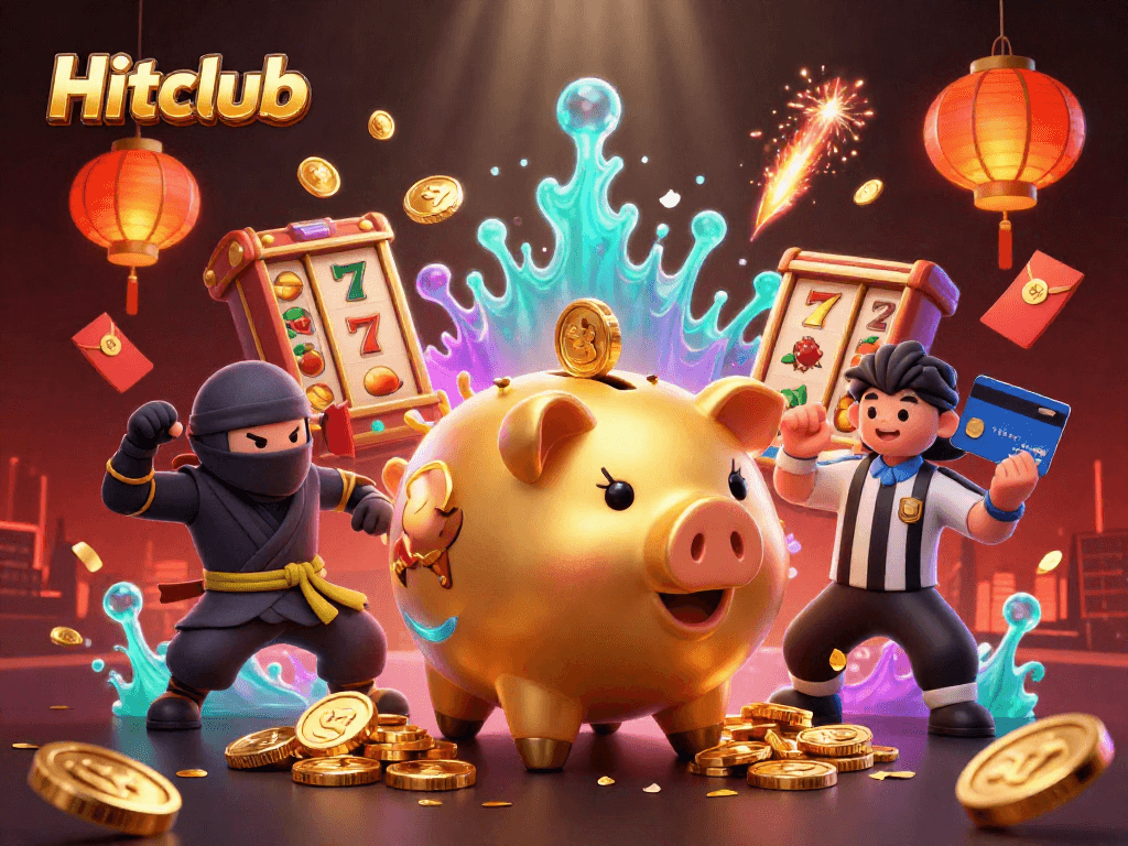 Engage with Hitclub's lively casino scene featuring a golden piggy bank sumo wrestler and supporting characters.