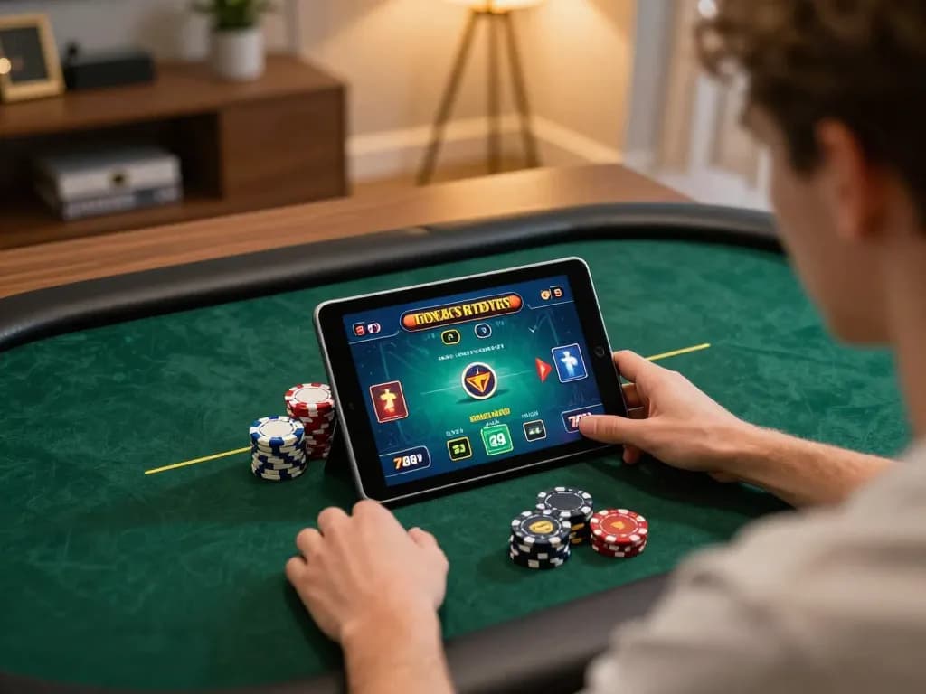 Engaged player strategizing online poker game on tablet with 789win 37.