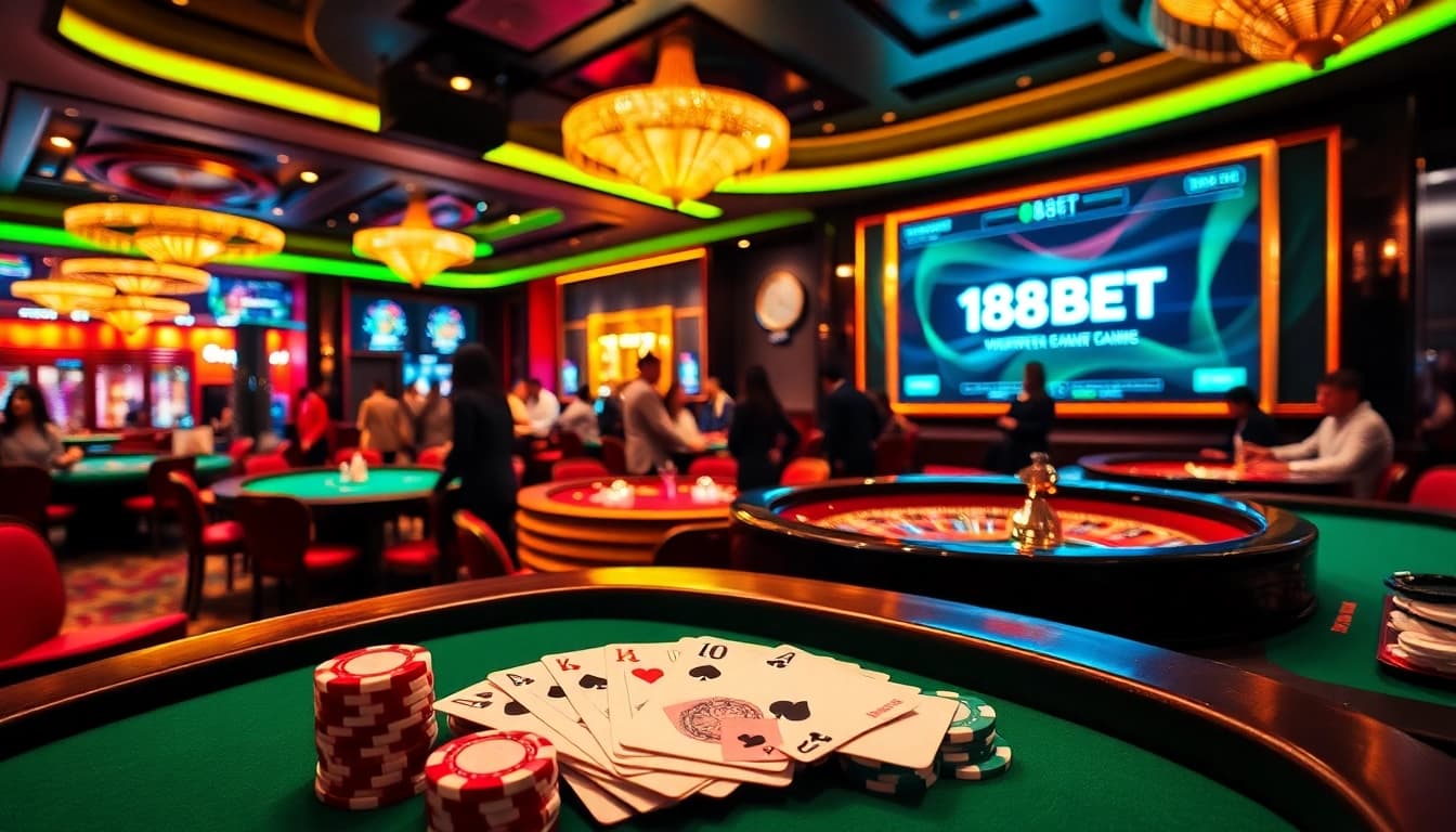 Experience an exhilarating casino atmosphere with 188BET gaming tables, chips, and players in action.