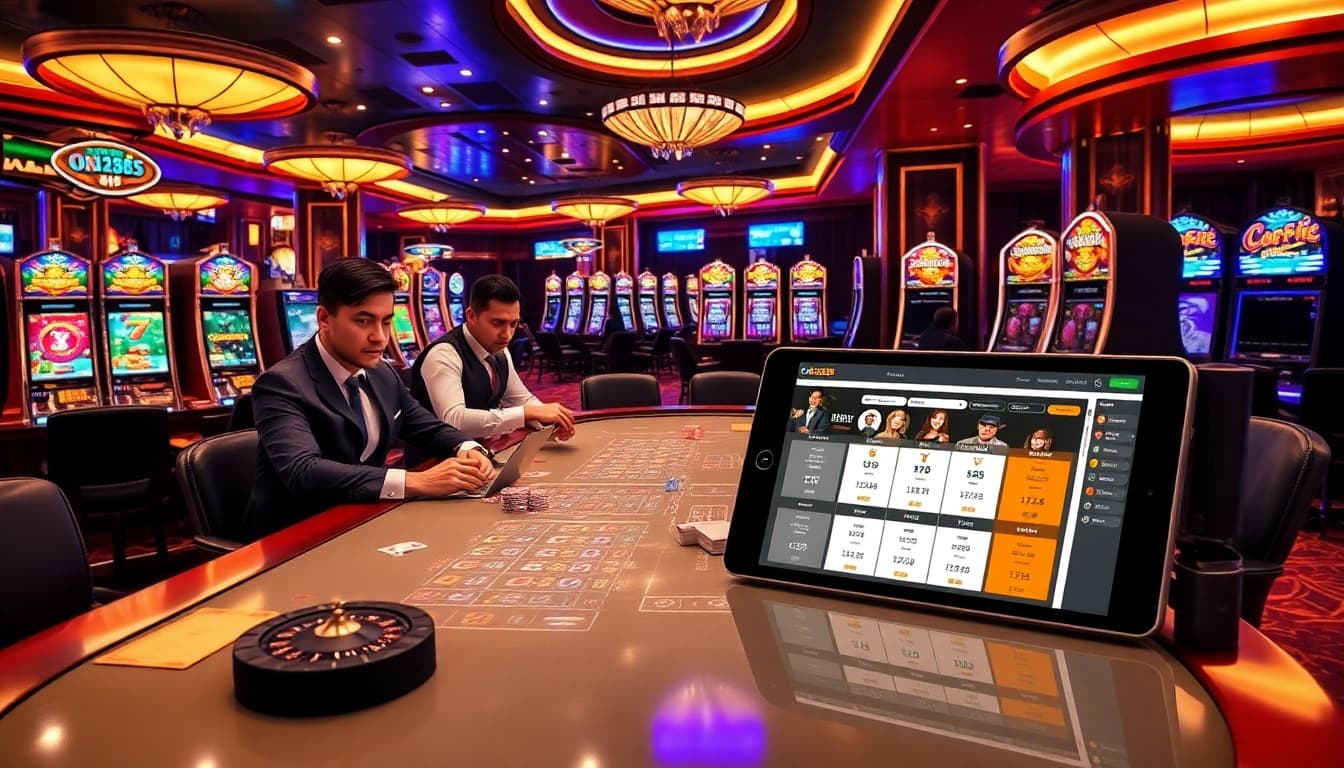 Engaged players at a luxurious casino featuring nhà cái OK365 digital interface.