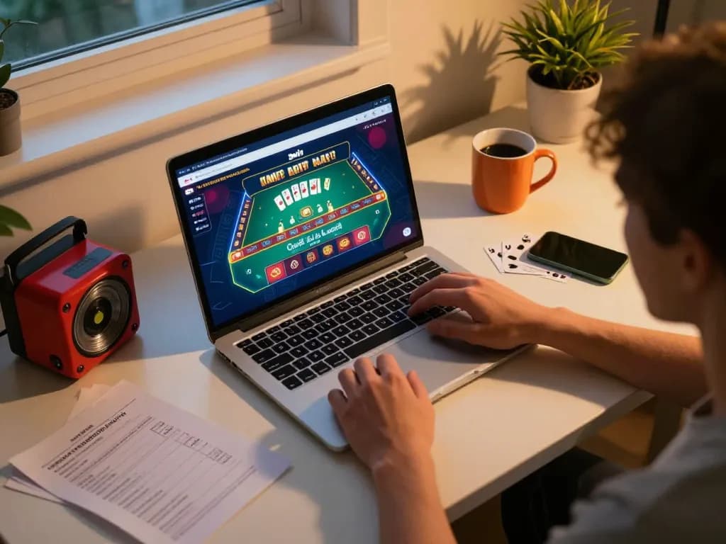 Player enjoying an exciting game of blackjack at 3win online casino with engaging interface and cozy setup.
