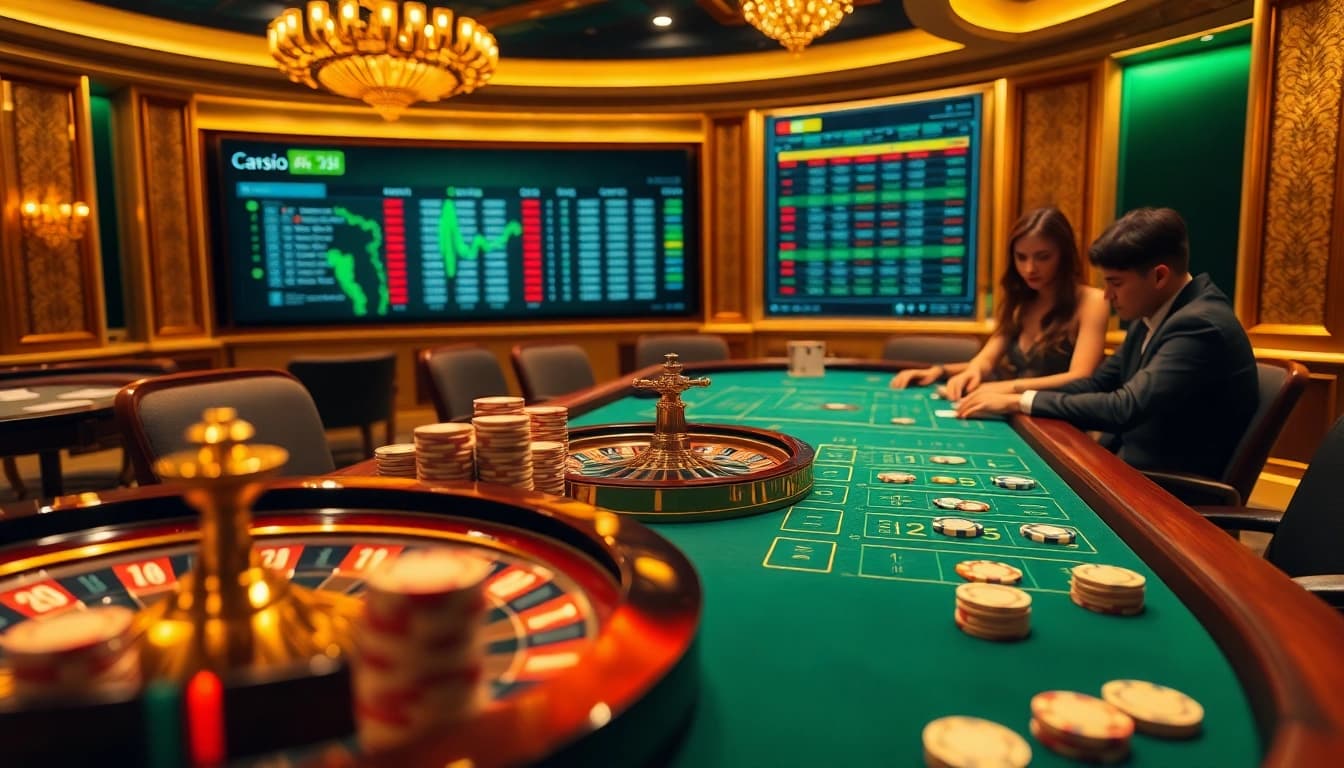 Kèo nhà cái revealing real-time betting odds at a vibrant casino poker table.