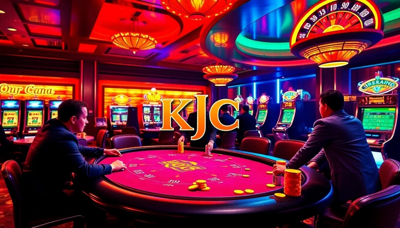 KJC casino table with poker players engaged in high-stakes games surrounded by vibrant slot machines.