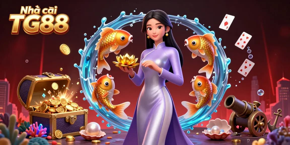 Exciting scene featuring Nhà cái TG88 with an elegant Asian woman, koi fish, and casino elements highlighting gaming excitement.