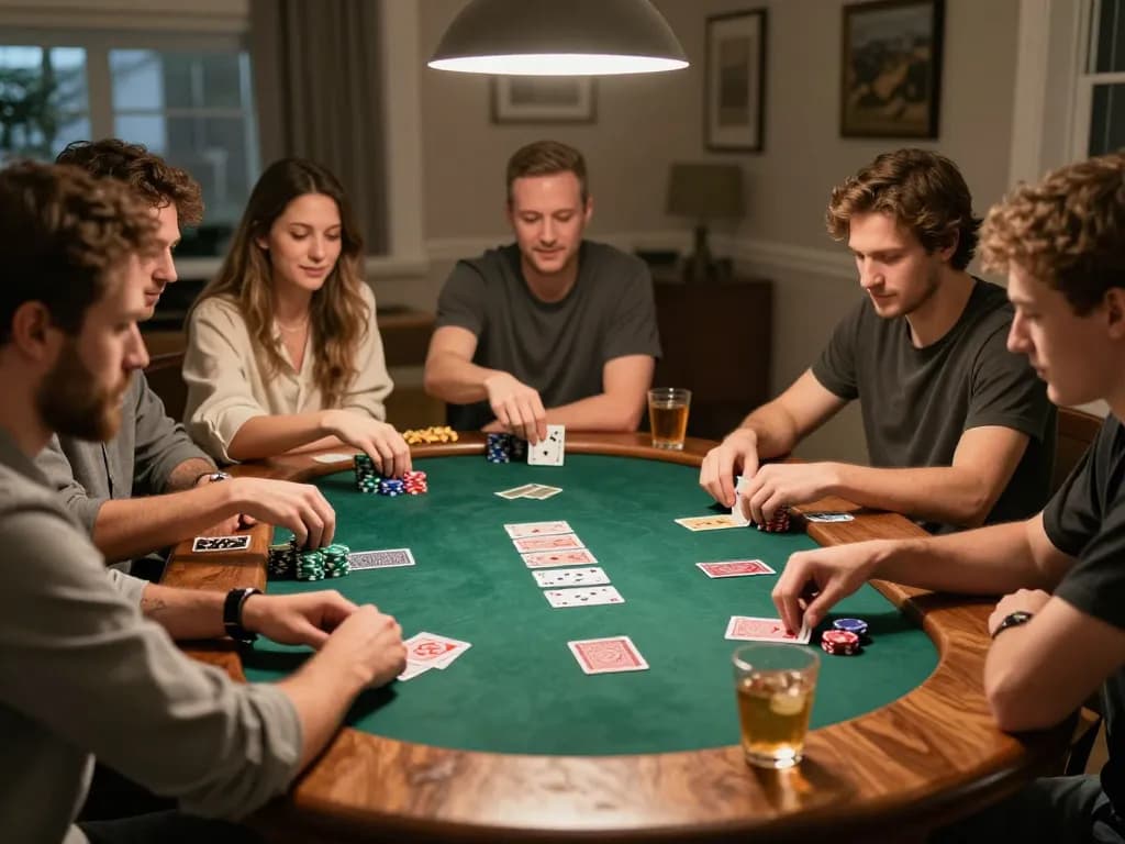 Friends enjoy an engaging poker night at home, strategizing their bets with dagago gaming elements