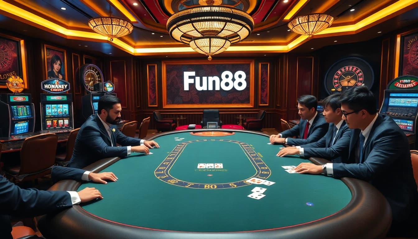 Players betting at a Fun88 casino table, showcasing poker chips, cards, and slot machines.