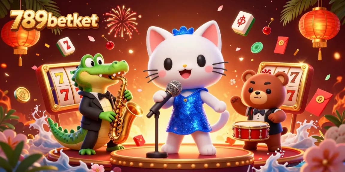 Captivating 3D scene showcasing 789betket with a singing cat, saxophone crocodile, and drum bear lively on stage.