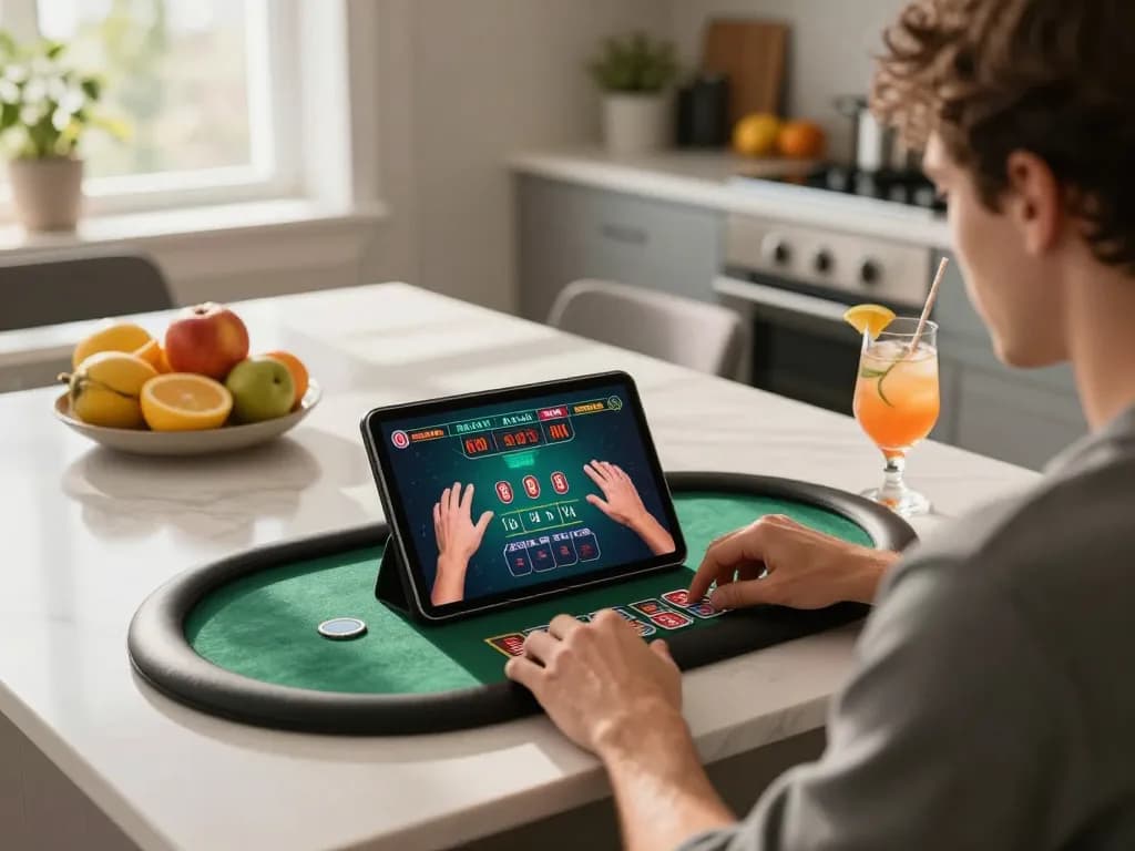 Player enjoying online blackjack on Sky88 tablet, showcasing responsible gambling lifestyle.